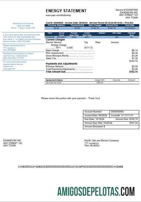 realista Modelo de conta de serviços públicos da USA California PG&E (Pacific Gas And Electric Company) em formatos Word e PDF, versão 2